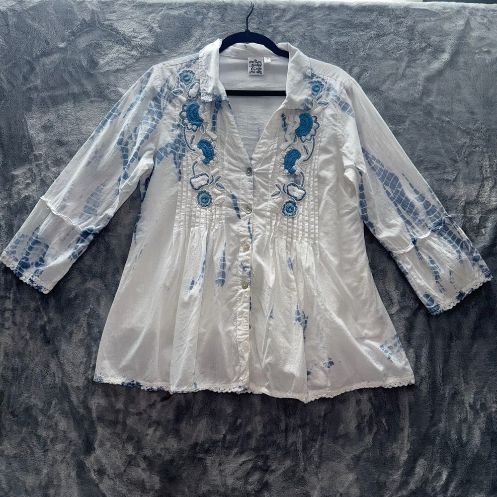 Parsley & Sage Womens PM White Blue Western Shirt Embroidered 3/4 Sleeve Cotton